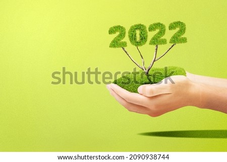 Human hand holding tree of 2022. Happy New Year 2022