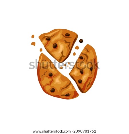 Broken chocolate chip cookies. Bitten dessert. Vector cartoon illustration on a white isolated background.