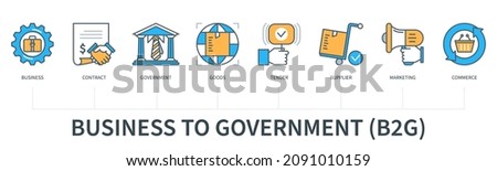 Business to government B2G concept with icons. Business, contract, government, goods, tender, supplier, marketing, commerce. Web vector infographic in minimal flat line style Royalty-Free Stock Photo #2091010159