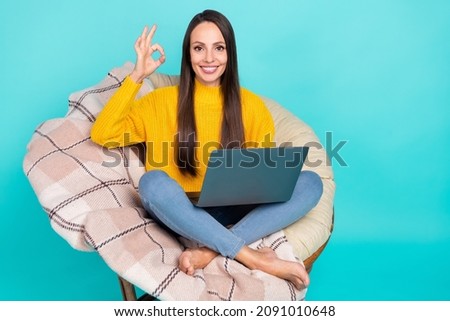 Full size portrait of attractive positive lady fingers show okey symbol isolated on teal color background