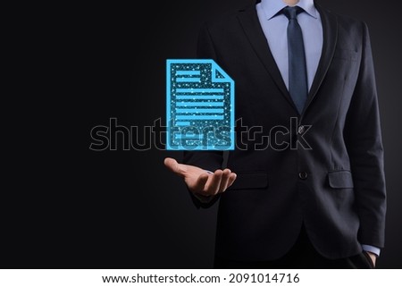 Businessman man holding a document icon in his hand Document Management Data System Business Internet Technology Concept. Corporate data management system DMS.Low poly,polygonal.