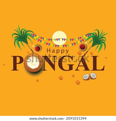South Indian harvesting festival, Happy Pongal celebrations greetings with Pongal elements, sugarcane and plate of religious props. vector illustration design Royalty-Free Stock Photo #2091015394