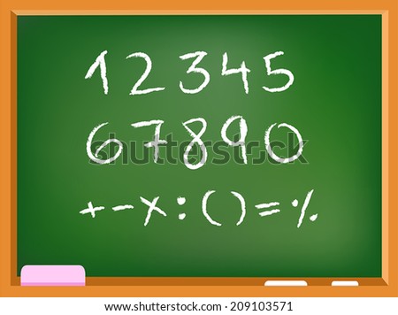 Hand drawn chalk numbers and math signs on a chalkboard Royalty-Free Stock Photo #209103571