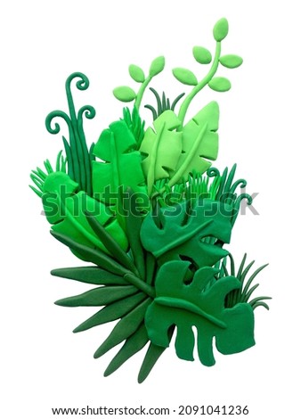 3d plasticine tropical composition. a bouquet of tropical leaves, palm branches, monstera, green banana. cartoon clipart on a white background.