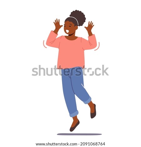 Childhood, International Children Day, Youth, Fun and Motion Concept. Happy Child Jumping Isolated on White Background. Little Girl Happily Playing and Rejoice. Cartoon People Vector Illustration