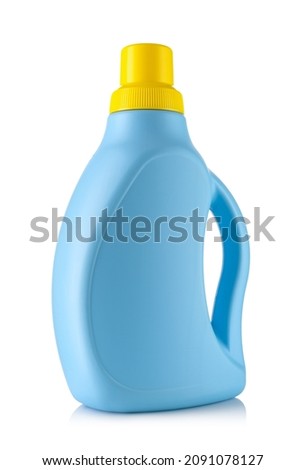 Blue plastic bottles of cleaning products, isolated on white Royalty-Free Stock Photo #2091078127