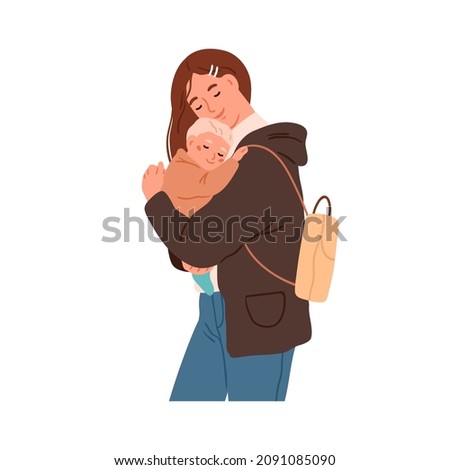 Mother hugging newborn baby portrait. Young mom with new born child in hands. Happy modern woman cuddling peaceful infant. Flat vector illustration of single mum isolated on white background