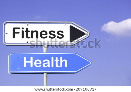blue sky behind two white and blue road signs  on a metal mast with arrows to the right hand side showing the way to Fitness and Health 