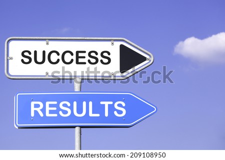 blue sky behind two white and blue road signs  on a metal mast with arrows to the right hand side showing the way to success and results