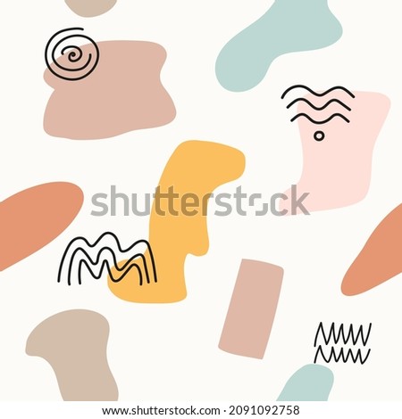Abstract contemporary seamless pattern. Hand-drawn of various rounded shapes with lineart waves, zigzags, spirals. Modern trendy vector illustration for textile print, wallpaper, wrapping paper.