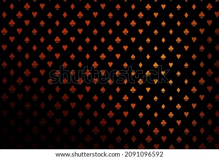 Dark orange vector background with cards signs. Illustration with set of hearts, spades, clubs, diamonds. Design for ad, poster, banner of gambling websites.