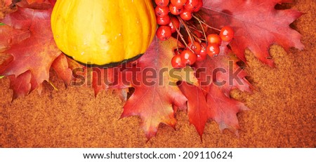 Autumnal background with pumpkins and leaves 