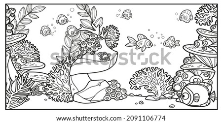 Fishes against the backdrop of the seabed of corals, algae, sponges, stones and anemones  outlined variation for coloring page