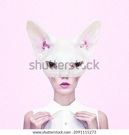 Contemporary art collage. Funny zine design. Cat and human metamorphosis.  Fashion and minimal trends Royalty-Free Stock Photo #2091115273