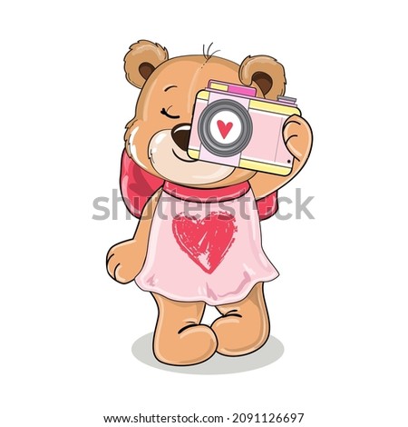 Cute cartoon teddy bear with a camera on a white background isolated. Vector illustration for Valentine's Day. T-shirt design, greeting cards