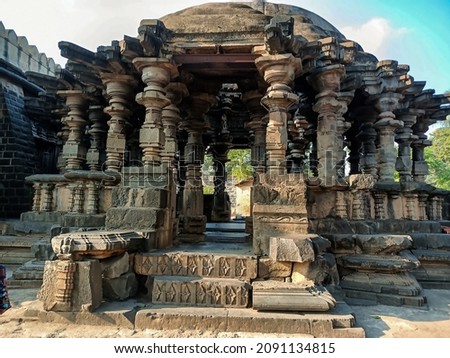 exterior view of ancient Kopeshwar Mahadev temple, Khidrapur, Maharashtra, India. Beautiful carving revealed Hindu culture and traditions. Picture captured under bright sunlight .