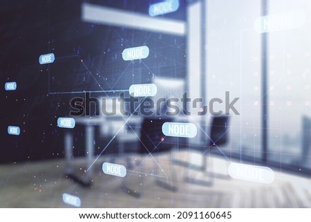 Double exposure of abstract programming language and modern desktop with laptop on background, research and development concept