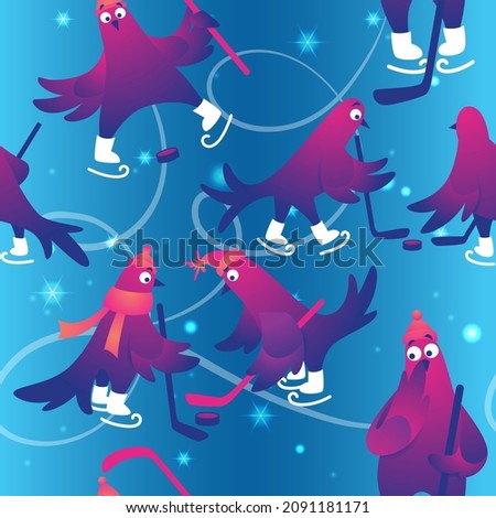 Winter seamless pattern. Christmas seamless background with funny pigeons. Funny characters doves in skates. Pigeons are skating on the ice rink. Holiday vector illustration. Festive background.