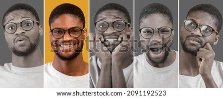 Human emotions. Millennial african american guy showing positive and negative emotions, posing over studio backgrounds, panorama, colorful and black and white image
