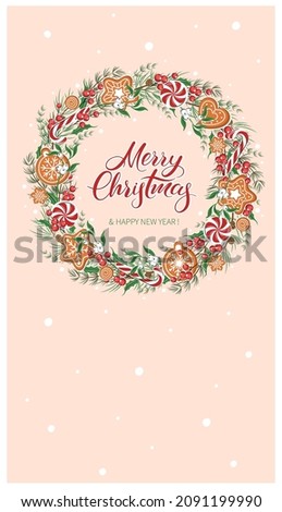Vertical greeting card template for winter holidays. Merry Christmas wreath with text. Vector illustration.