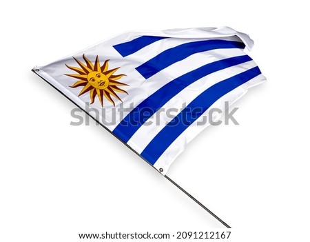 Uruguay's flag is isolated on a white background. flag symbols of Uruguay. close up of a Uruguayan flag waving in the wind.