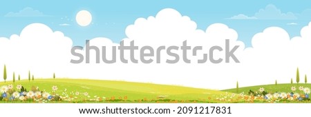 Spring green fields landscape with mountain, blue sky and clouds background,Panorama peaceful rural nature in springtime with green grass land. Cartoon vector illustration for spring and summer banner Royalty-Free Stock Photo #2091217831