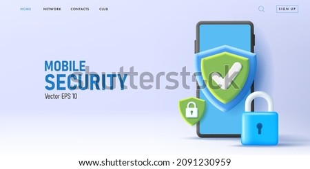 Web banner with 3d render illustration od a smartphone with protection shield and padlock Royalty-Free Stock Photo #2091230959