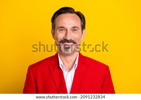 Photo of mature man have fun enjoy free-time wear costume toothy smile isolated over yellow color background