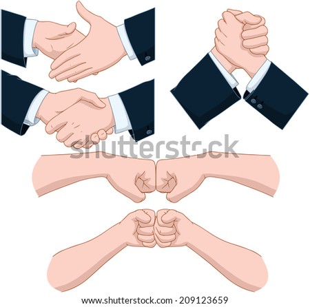 Vector illustrations pack of various hand shakes and fist bumps 
