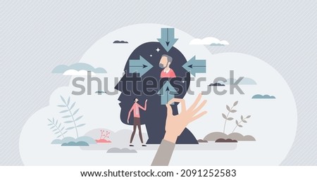 Implicit bias social stereotype or prejudice reflection tiny person concept. Opinion about racial or gender group based on past experiences and associations that impact thinking vector illustration. Royalty-Free Stock Photo #2091252583
