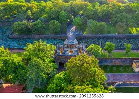 Wonderful view of the “ Gate of Hue Citadel “ to the Imperial City with the Purple Forbidden City within the Citadel in Hue, Vietnam. Imperial Royal Palace of Nguyen dynasty in Hue. Hien Nhon gate