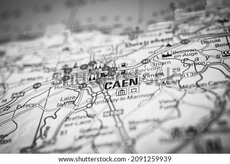 Caen on map of Europe background