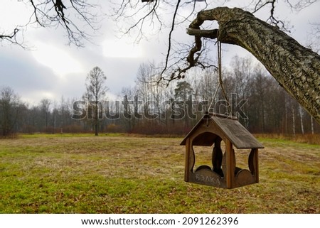 empty house for squirrels birds on a tree in an autumn park. The inscription in Russian squirrel. High quality photo