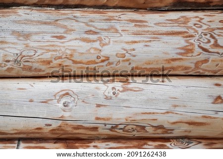 light round wooden beams timber. Outdoor wall of house. Wood texture background. High quality photo