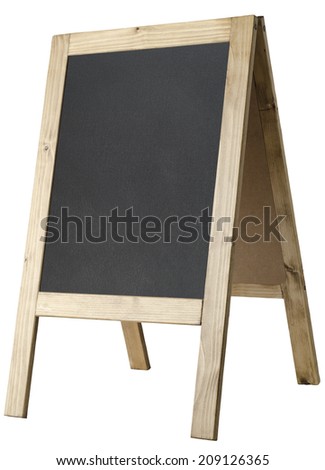 Angled, left facing view of a freestanding A-frame blackboard, board is blank to provide copy space and isolated against a white background. Royalty-Free Stock Photo #209126365