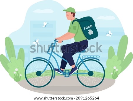 Courier on bicycle 2D vector isolated illustration. Express eco shipping. Delivery worker on bicycle flat character on cartoon background. Alternative sustainable shipment colourful scene