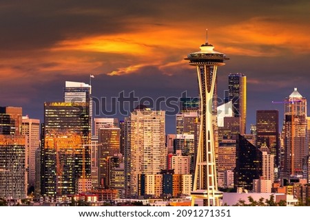 Panoramic view of Seattle cityscape  at night, Washington, USA