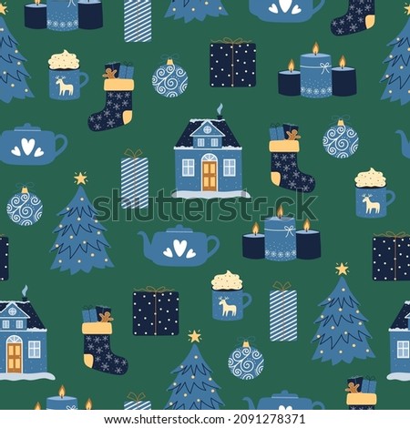 Christmas seamless pattern. Cute winter elements in blue colors on green background. Vector illustration