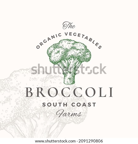Broccoli Logo Template. Hand Drawn Vegetable Sketch with Retro Typography. Premium Plant Based Vegan Food Badge Emblem. Isolated Royalty-Free Stock Photo #2091290806