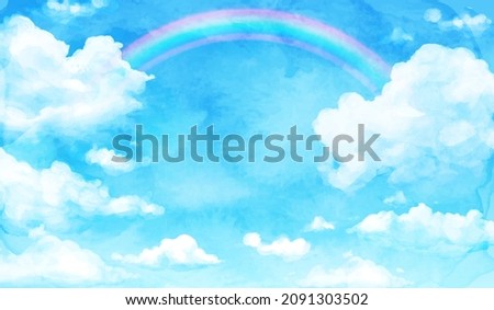Vector illustration of blue sky, clouds and rainbow