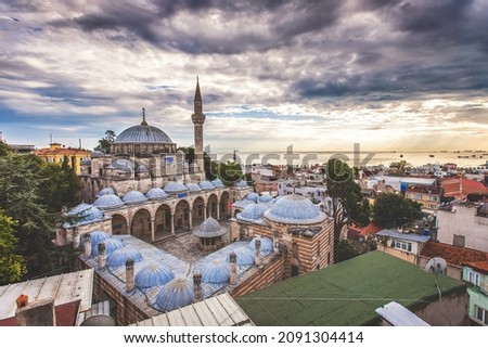 Aerial view an old Ottoman mosque named Sokollu Mehmet Pasha Mosque created by architect Mimar Sinan located at Sultanahmet dictrict of Istanbul, Turkey Royalty-Free Stock Photo #2091304414