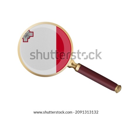World countries. Malta flag in magnifier's lens. Universal clip art on a white background