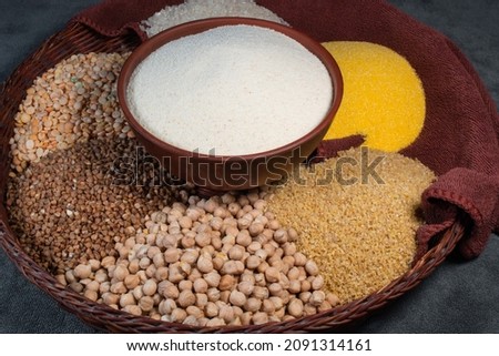 Raw healthy cereals, various cereals in a circle