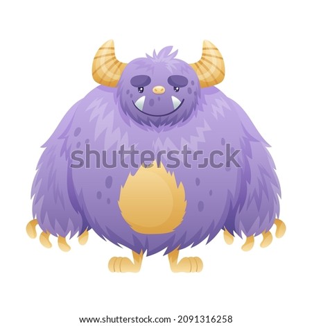 Cute cartoon monster baby character. Purple furry horned alien vector illustration Royalty-Free Stock Photo #2091316258
