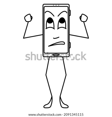 The smartphone is angry, bewildered, irritability. A smartphone with hands, feet and emotion on display. Humanization, stylization of gadget. Vector icon, outline, cartoon, isolated. Editable stroke