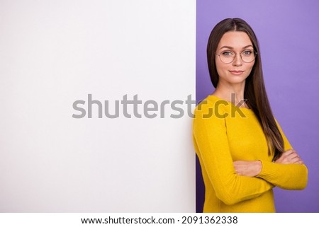 Profile side photo of young woman folded hands promoter announcement ad isolated over purple color background