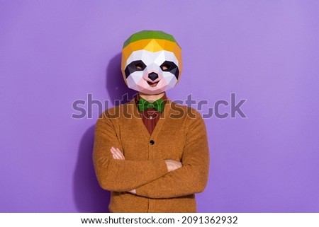 Photo of young man crossed hands authentic outfit creative red panda isolated over violet color background