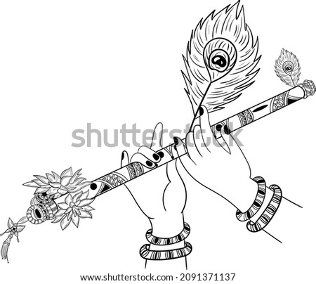 Indian God Lord Krishna hands playing flute, the Indian traditional music instrument peacock feather vector illustration black and white line drawing. Indian wedding clip art.
