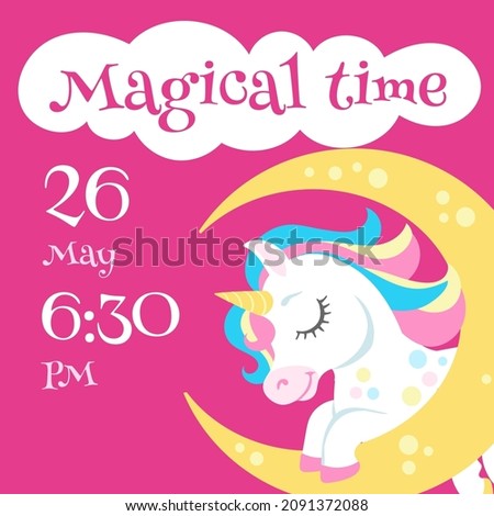 Invitation card with unicorn. Cute magic animal on banner template
