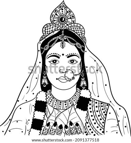 Indian bride black and white line drawing clip art. Indian wedding clip art of bride in traditional wedding dress, and jewellery, black and white clip art symbol. Indian women symbol line art.